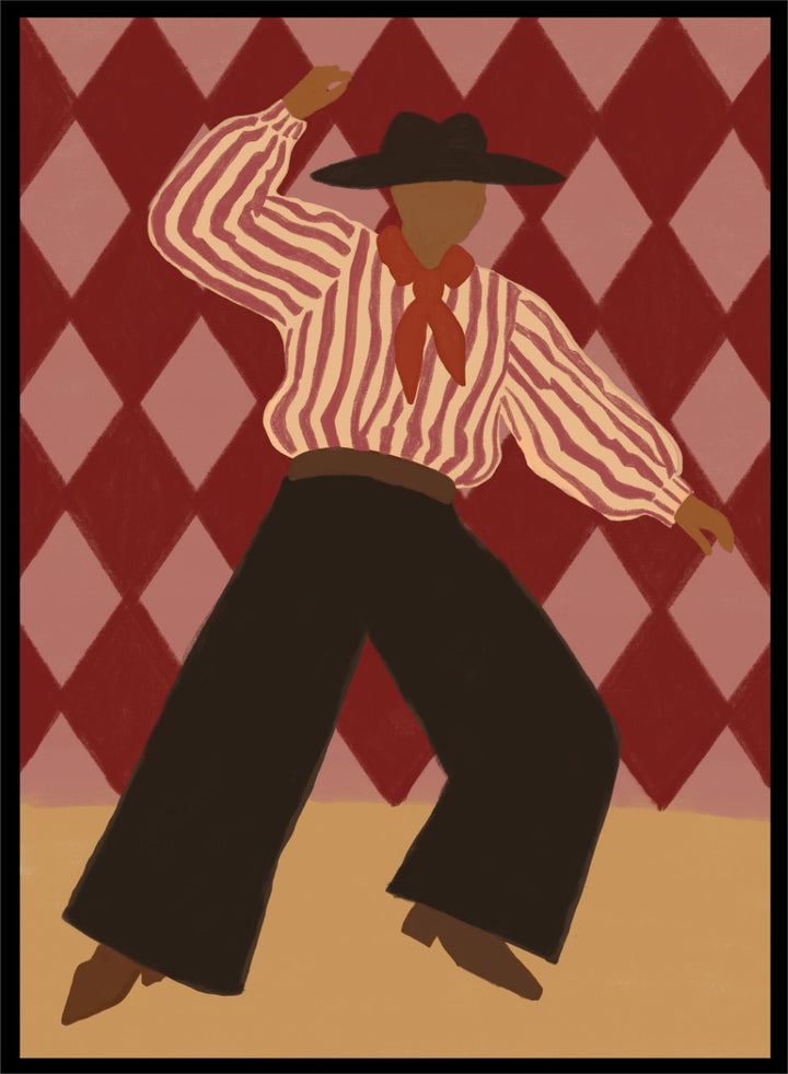 A stylized illustration of a person in a cowboy hat, striped shirt, and dark pants dancing against a red and pink diamond-patterned background. Retro Dance Character by The Art Concept art print with a dancing figure, striped shirt, red scarf, harlequin background, and retro color palette.