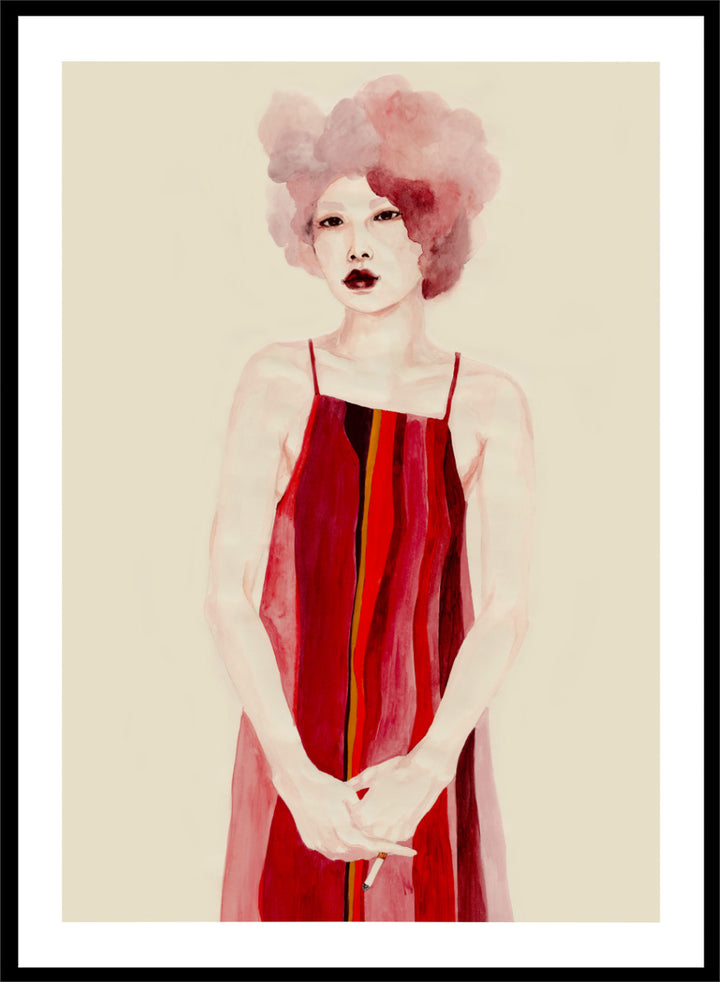 Shop Red Dress Portrait by Sophia Novosel, a modern female portrait wall art print poster featuring a woman in a red striped dress with soft pink hair.