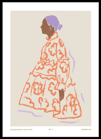 Woman in Orange Floral Dress Wall Art Print | Hand Drawn Contemporary Fashion Illustration, Modern Aesthetic Girl Bold Abstract Poster