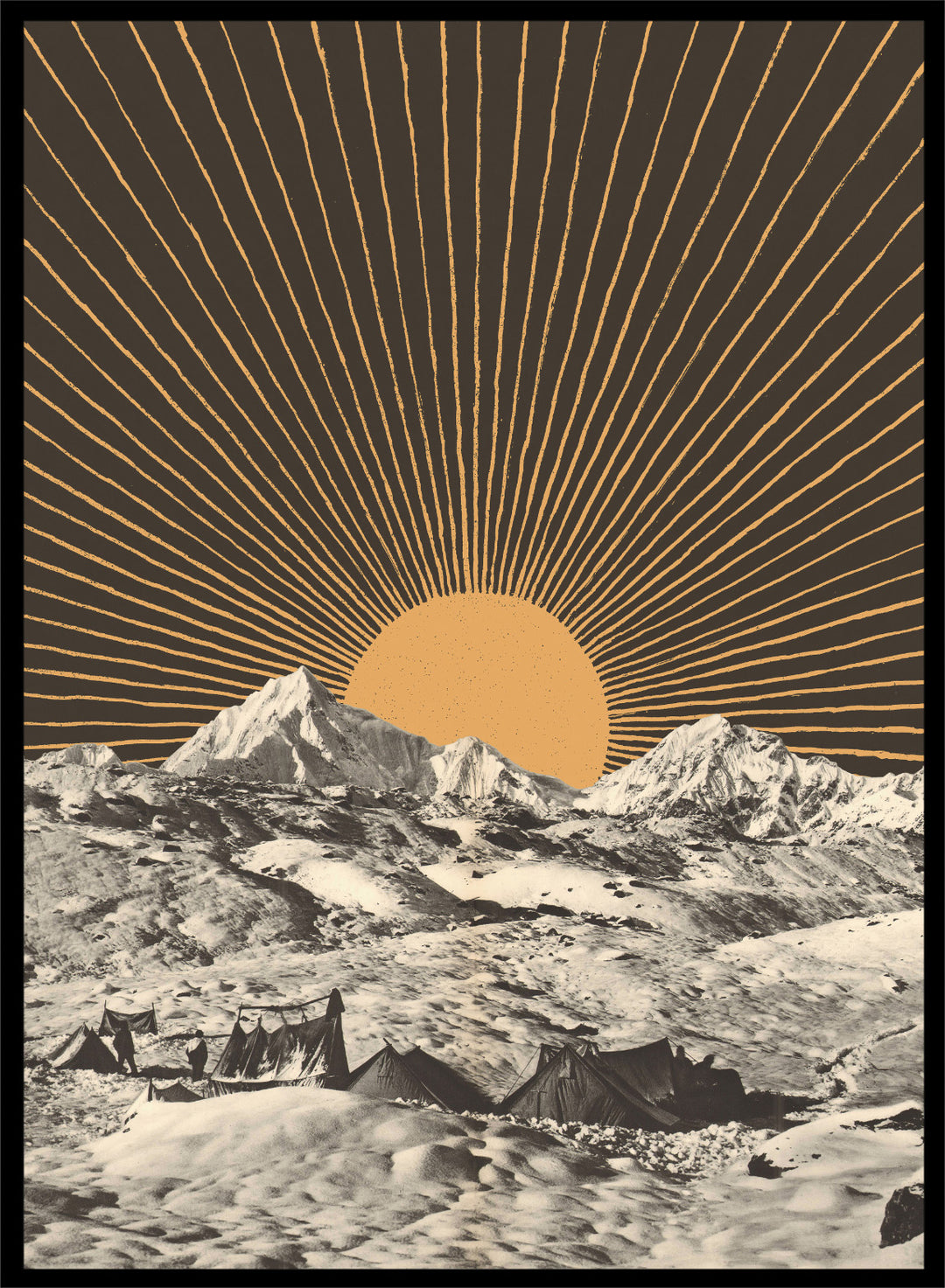 Mountain landscape with a sunburst design in the sky. Mountain Base Camp Sunrise by Florent Bodart is a modern landscape art print with mountains and sunrise rays, a vintage-inspired wall poster with bold graphic contrast.