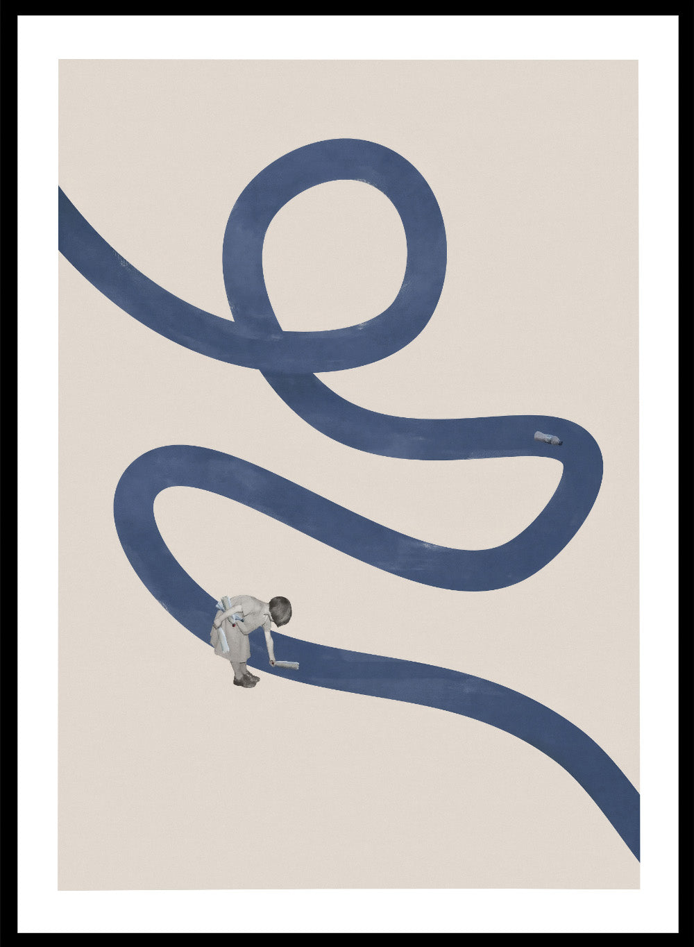 River Cleanse by Maarten Léon collage art print featuring a winding blue river and small figure cleansing the water. Premium fine art print with real wood framing.