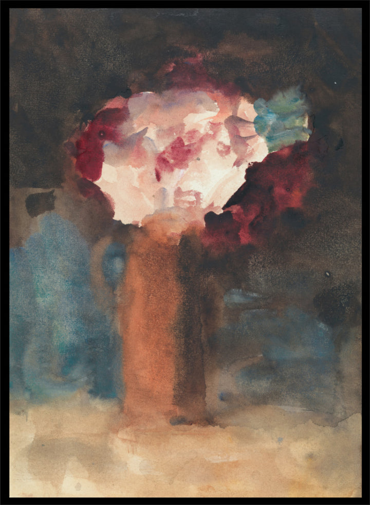 An abstract watercolor painting of a vase with flowers, featuring a warm terracotta-brown vase and a bouquet of white, red, and blue blossoms against a dark, textured background. Roses by Hercules Brabazon Brabazon is a vintage floral art print featuring pink and red roses in a terracotta vase with a dark, moody background.