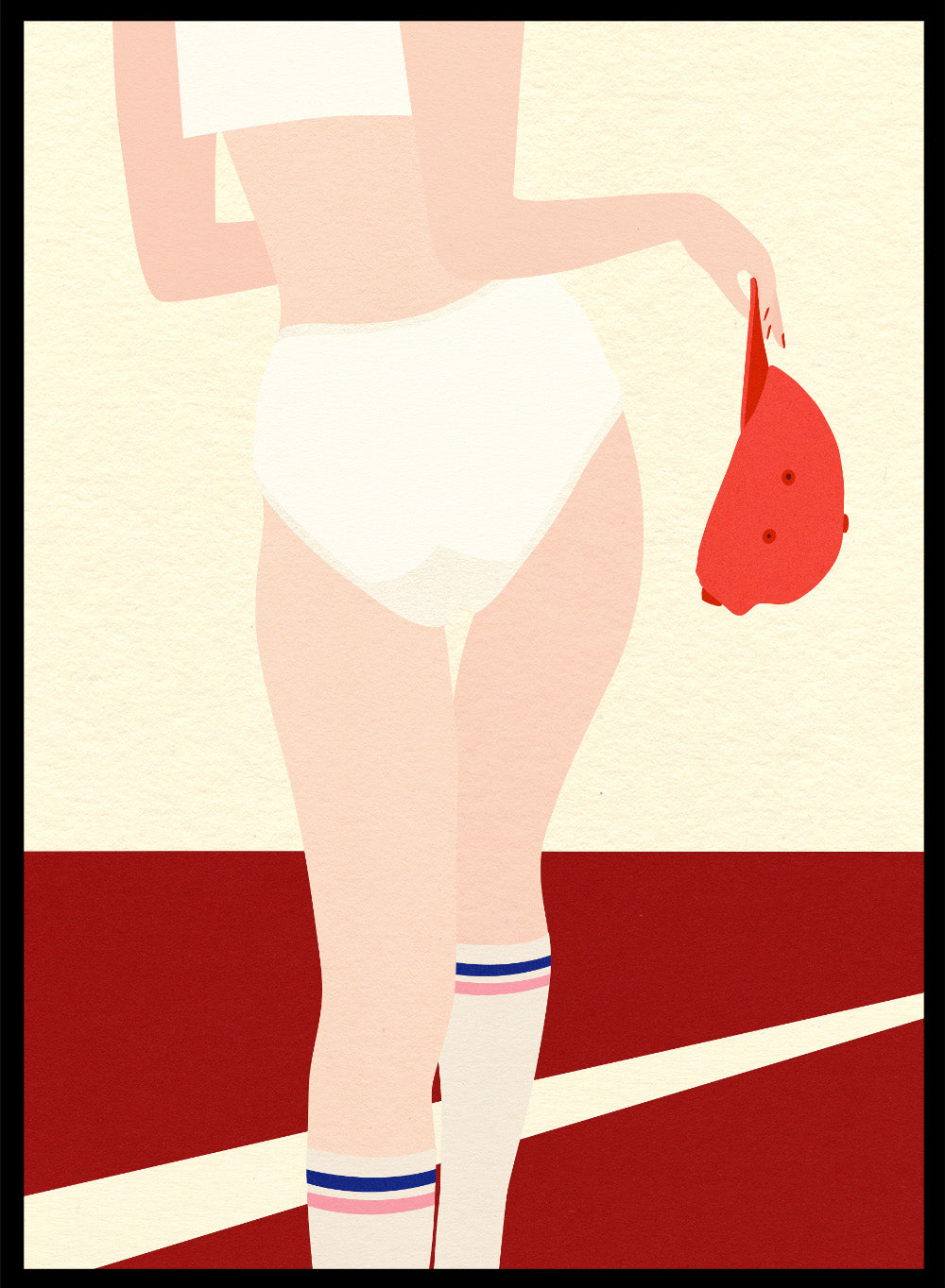 Illustration of a person in a white panty with a red cap on a beige and red background. Panties Socks Cap by Rosi Feist is a modern fashion art print with sporty minimalism, bold color blocking, and contemporary graphic poster style.