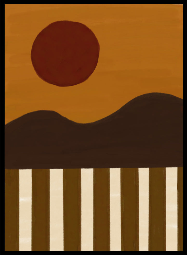 A minimalist abstract landscape art print featuring a dark brown sun over a wavy horizon, with vertical brown and cream stripes at the bottom. Minimalist Desert Sun by The Art Concept landscape art print featuring a red sun, dark rolling hills, warm ochre tones, and bold vertical stripes.