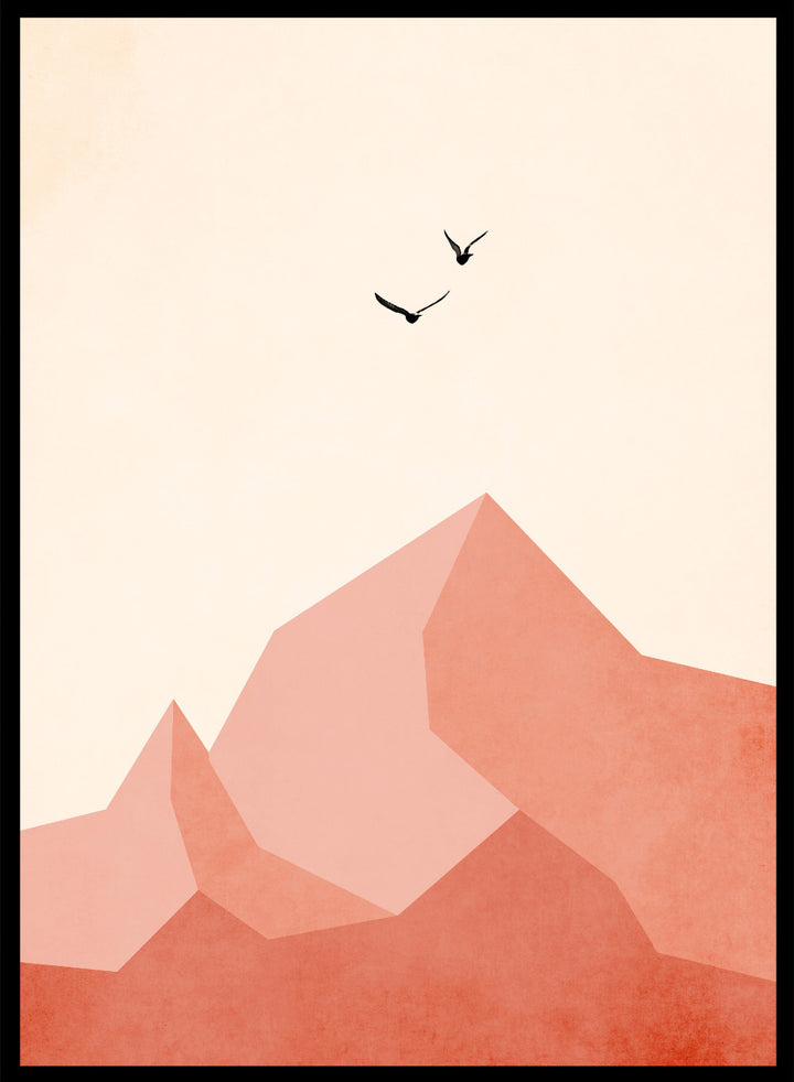 Abstract art print with geometric shapes and minimalistic birds on a beige background. Geometric mountain landscape art print with birds in flight by Kubistika. Warm terracotta illustration with minimalist design. Officially licensed wall poster.