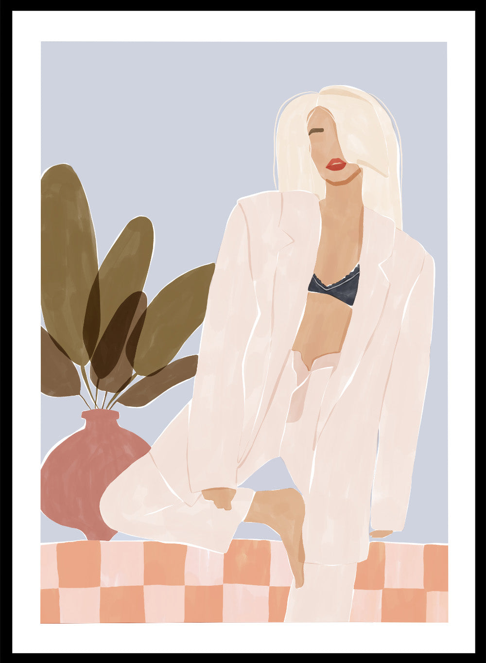 Too Lazy To Yoga by Ivy Green is a contemporary illustration art print featuring a relaxed woman in a minimalist interior. Premium fine art print with real wood framing.
