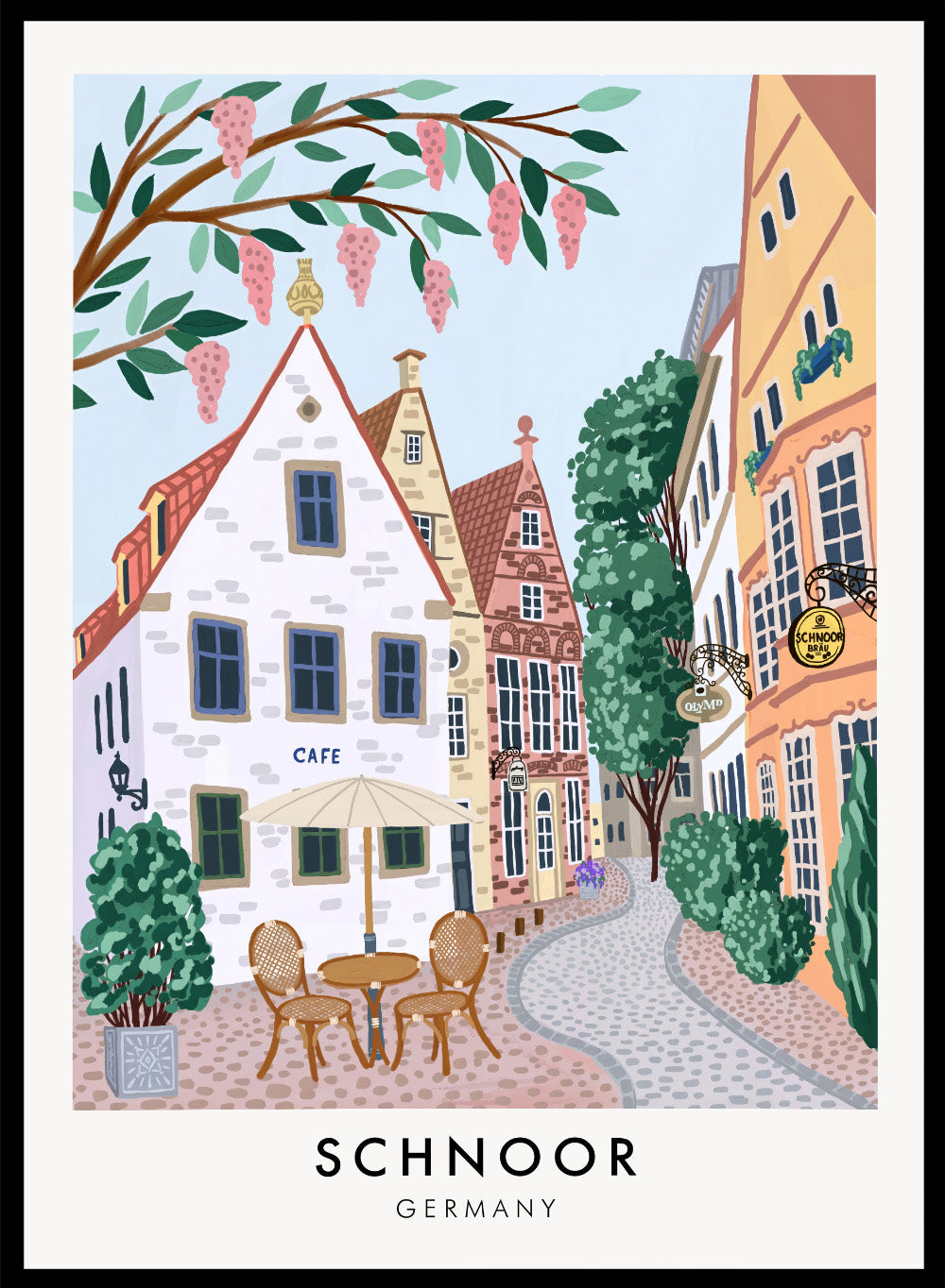 Schnoor District Bremen Germany Colorful Medieval Town Buildings Travel City Art Print | Landscape Illustration, Europe Travel Poster