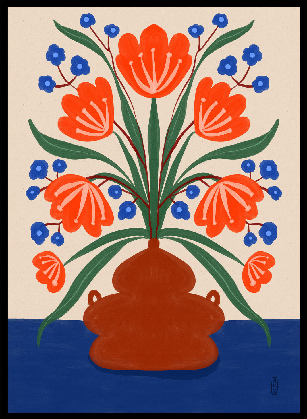 Vibrant Floral Terracotta Vase by Dirkie Nell is a colorful floral art print featuring bold orange flowers, folk inspired illustration, Mediterranean decor, and modern botanical wall art.
