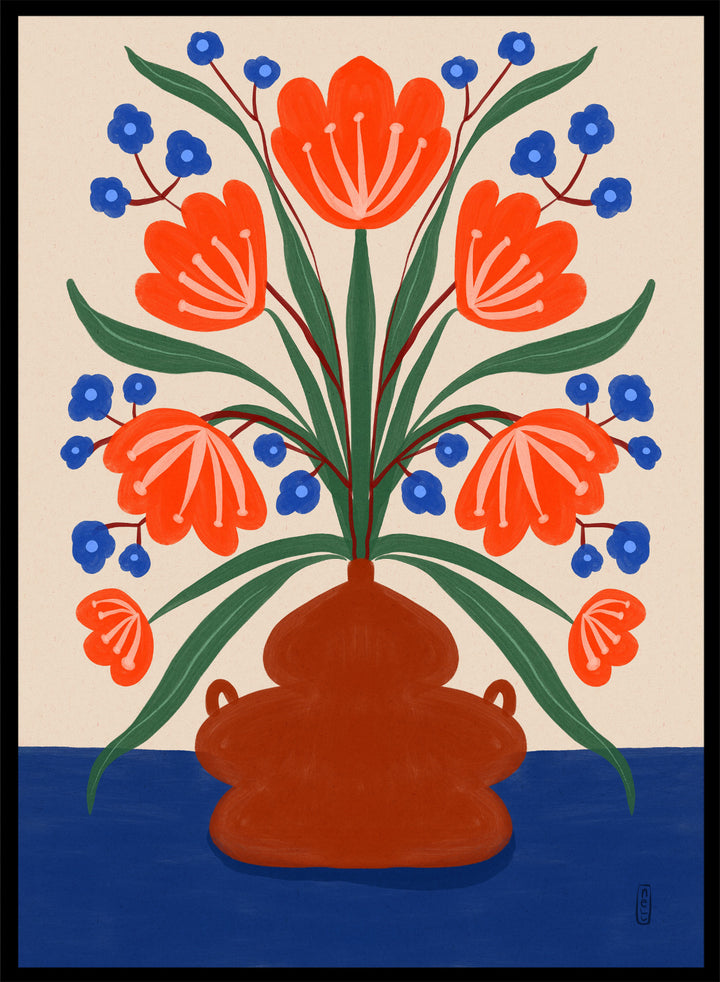 Vibrant Floral Terracotta Vase by Dirkie Nell is a colorful floral art print featuring bold orange flowers, folk inspired illustration, Mediterranean decor, and modern botanical wall art.