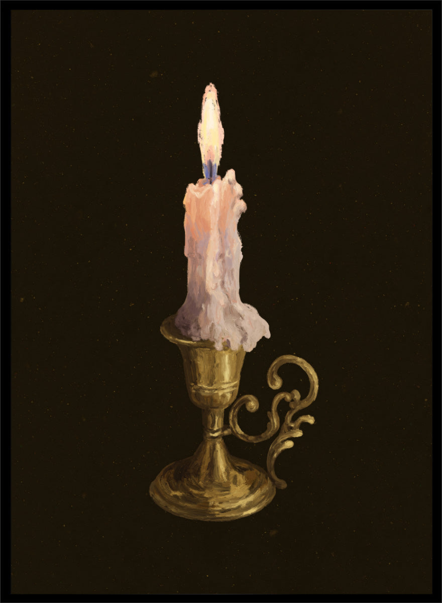 Shop Elegant Brass Candle by NKTN, a candle wall art print poster featuring a glowing taper candle in an ornate brass holder against a dark vintage-style background.