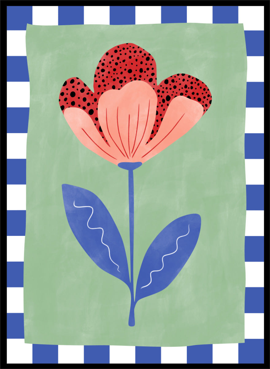 Shop Playful Red Bloom by Elena Ristova, a floral wall art print poster with a red flower, blue leaves, mint green background, and check border.