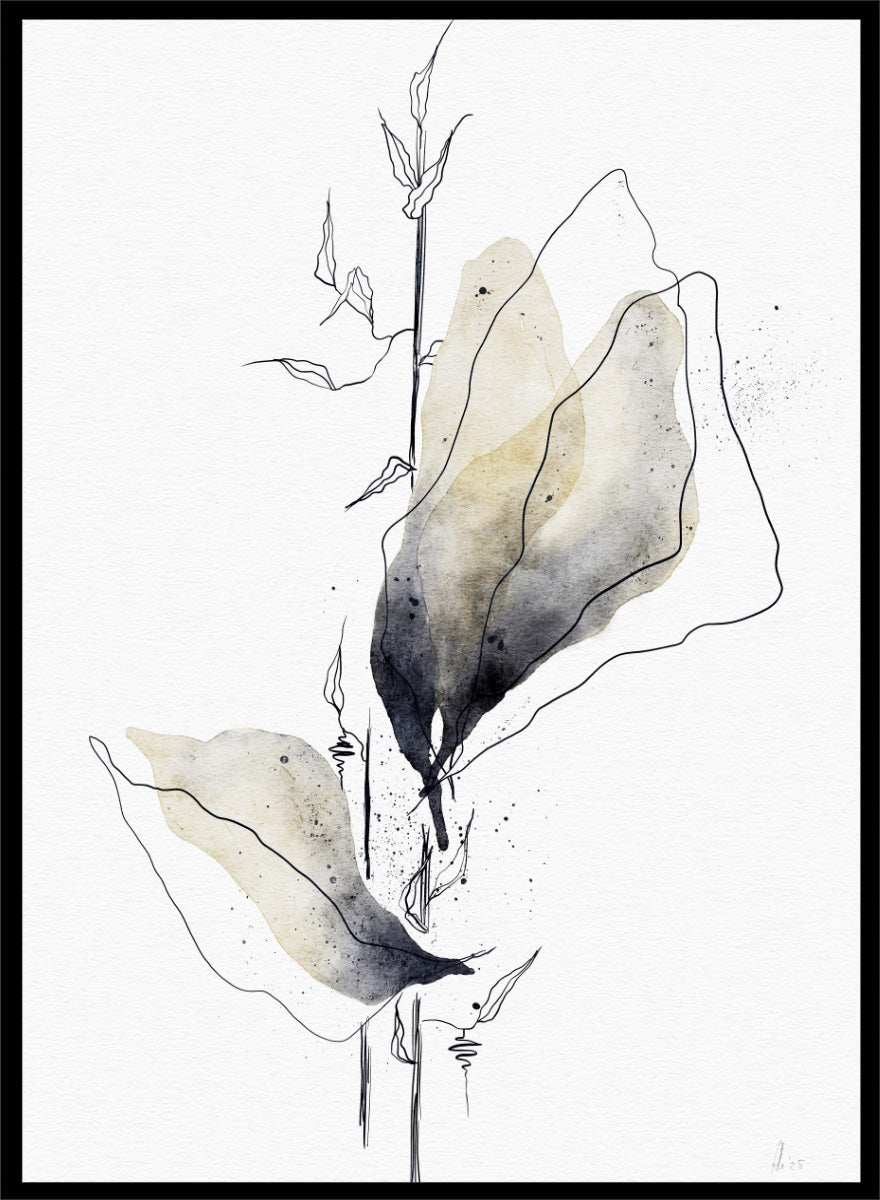 Minimalist watercolor and ink botanical art print featuring abstract leaves and stems on a white background. Shop Watercolor Botanical Elegance by Ankie Kooi, a botanical wall art print poster with abstract watercolor leaves, minimalist line art, yellow, gray, and cream.
