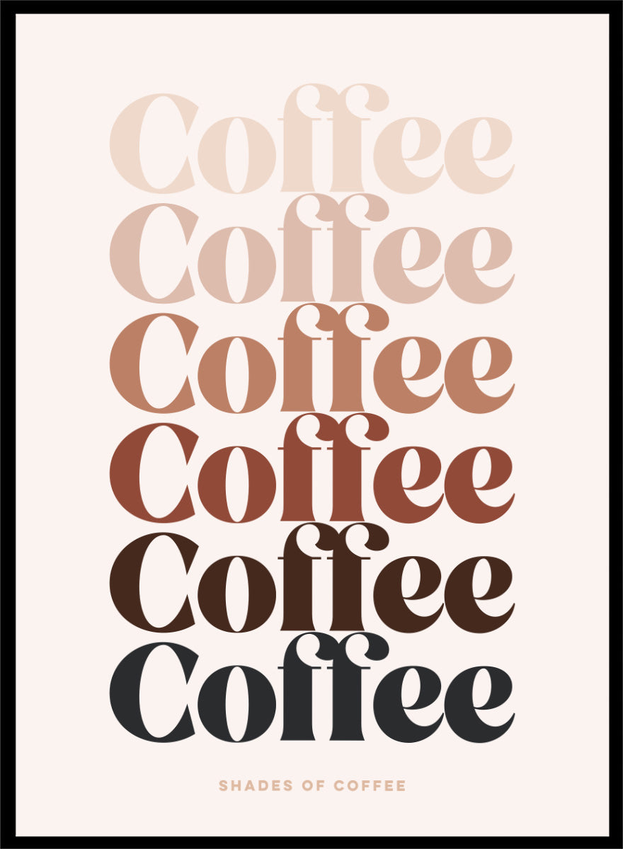 Shop Coffee Color Palette by Dominique Vari, a retro typography wall art print poster featuring layered coffee lettering in cream, beige, caramel, brown, and black.