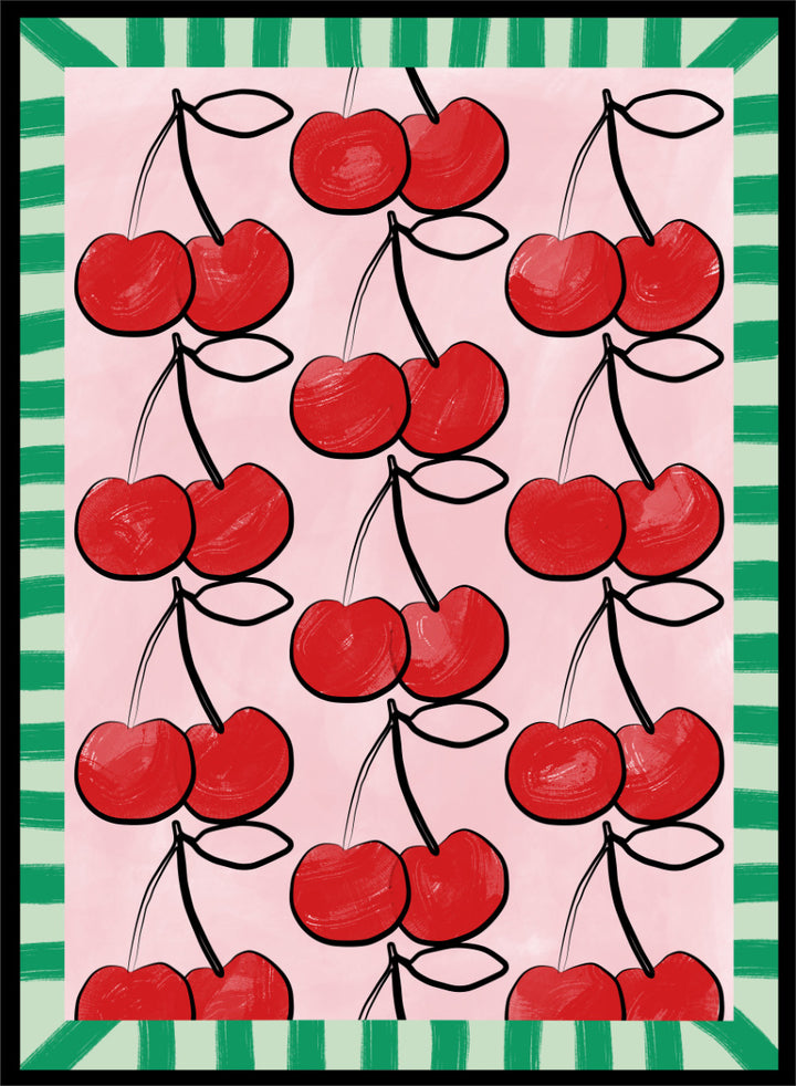 Shop Sweet Cherry Pattern by Elena Ristova, a cherry wall art print poster in red, pink, and green with a playful patterned fruit design.