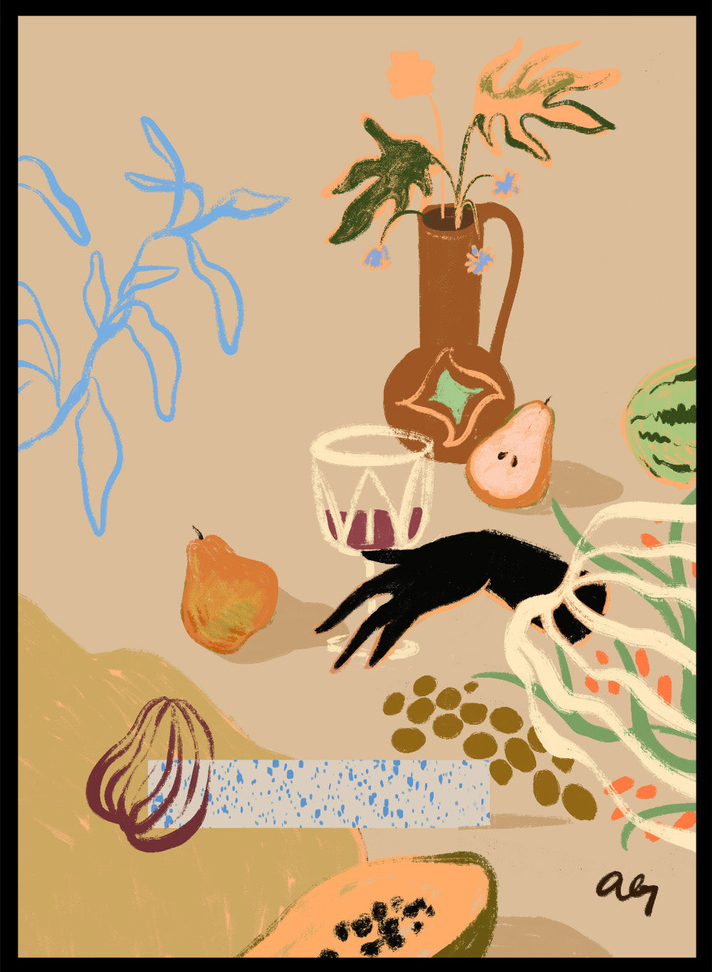 Pass Me The Pear by Arty Guava is a modern still life art print with pears, fruit, and expressive hand-drawn shapes. Officially licensed wall poster.