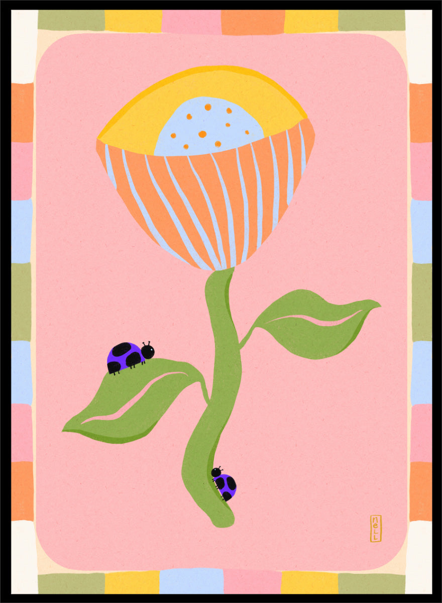 A stylized art print featuring a large flower with a yellow and orange striped bloom, green stem and leaves, and two ladybugs on a pink background with a multicolor border. Shop Pastel Flower Ladybugs by Dirkie Nell, a playful floral and insect art print featuring an oversized pastel flower, purple ladybugs, and a colorful retro border.
