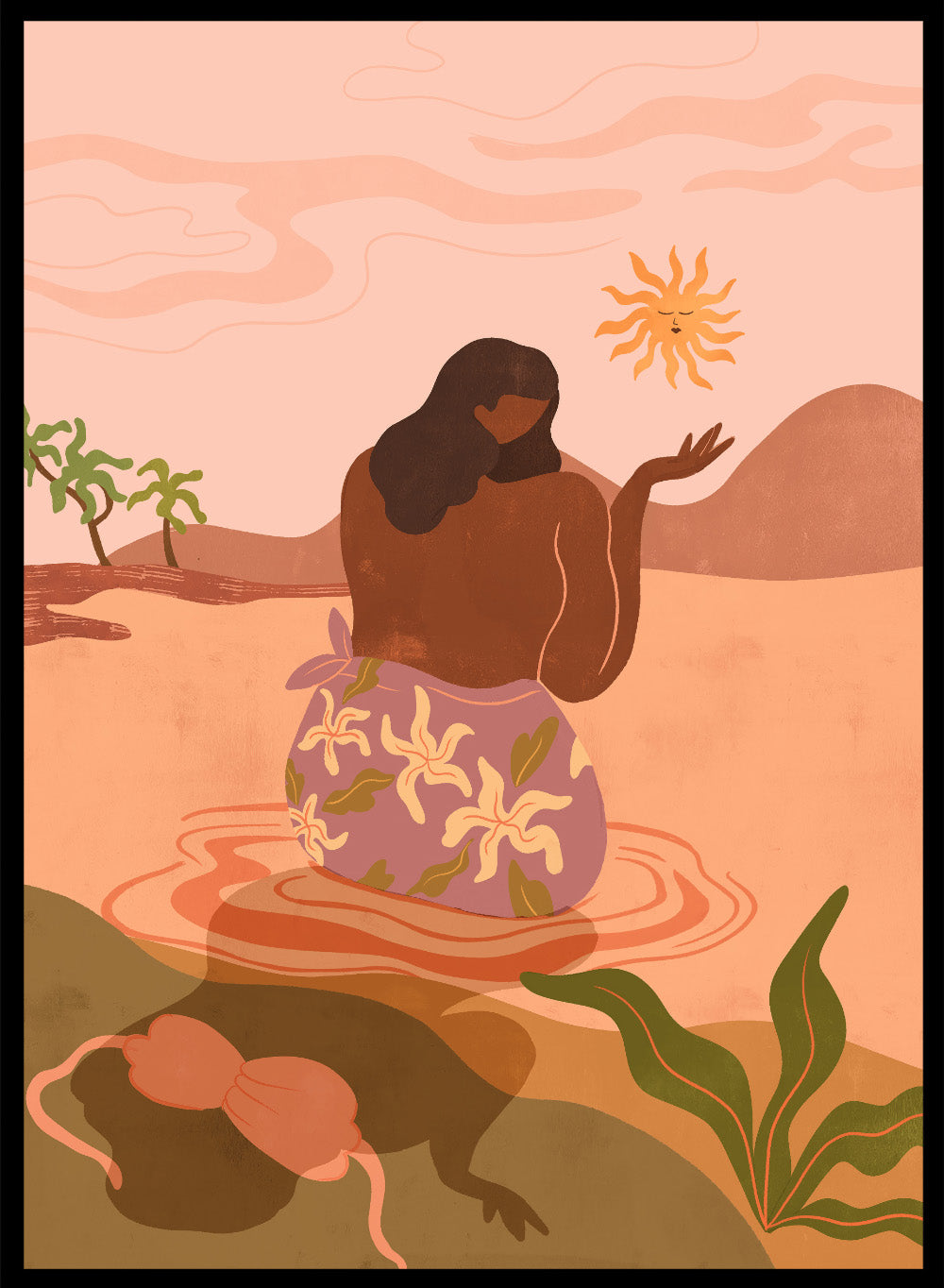 Illustration of a woman in a floral dress sitting by a pool with a sun and desert landscape in the background. Sunset by Arty Guava art print, modern woman illustration wall poster in warm pink tones, contemporary nature landscape artwork.