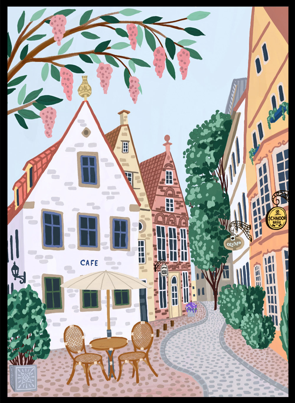 Schnoor District Bremen Germany Colorful Medieval Town Buildings Travel City Art Print | Landscape Illustration, Europe Travel Poster