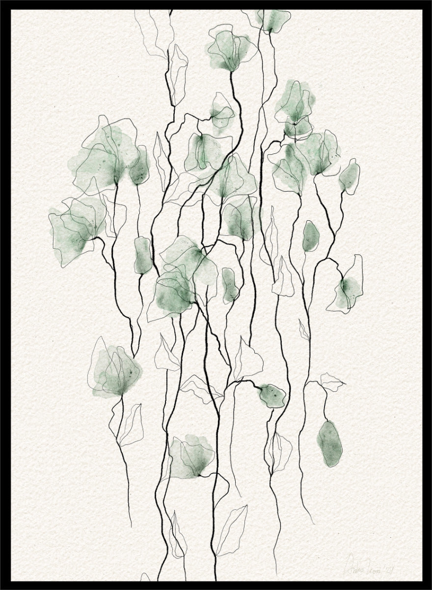 Shop Flowing Green Florals by Ankie Kooi, a botanical wall art print poster with green flowers, watercolor florals, and delicate line art stems.