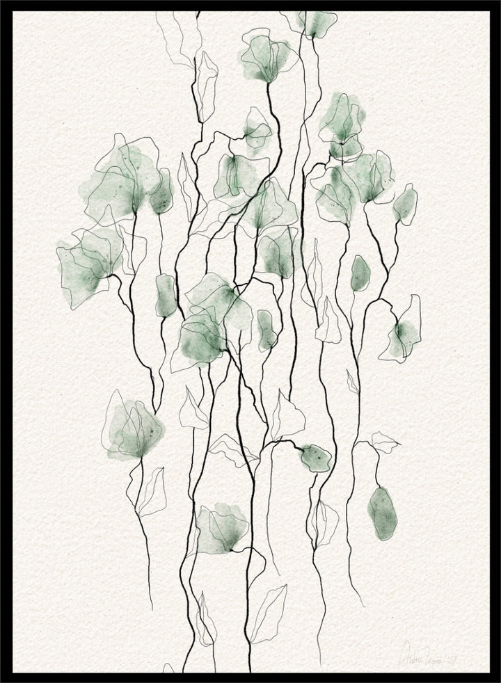 Shop Flowing Green Florals by Ankie Kooi, a botanical wall art print poster with green flowers, watercolor florals, and delicate line art stems.