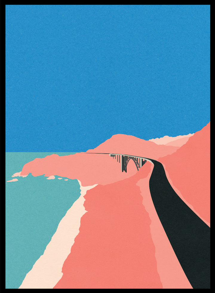 Artistic illustration of a coastal road with cliffs and blue sky. Pacific Coast Highway Big Sur by Rosi Feist is a modern minimalist landscape art print with bold color and Bauhaus-inspired graphic design. Officially licensed fine art poster with framing.