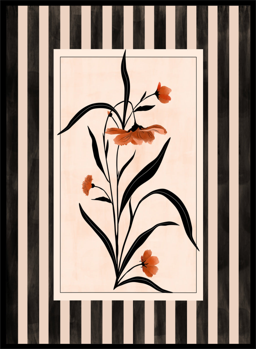 Shop Terracotta Floral Stripes by Elena Ristova, a modern floral wall art print poster featuring terracotta flowers, black leaves, and bold striped borders.
