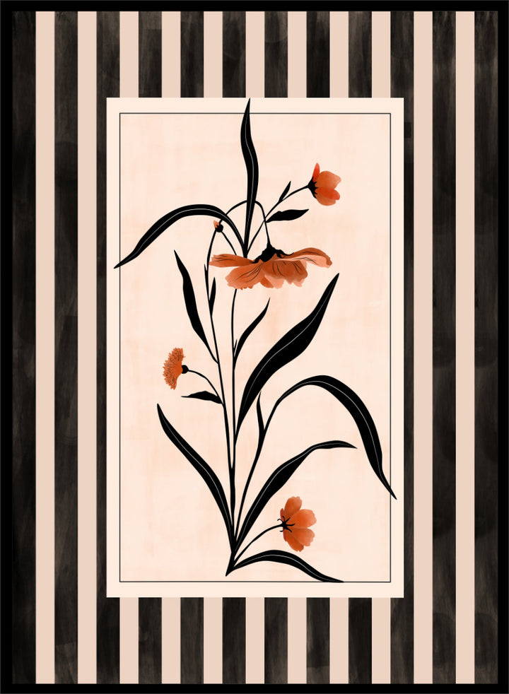 Shop Terracotta Floral Stripes by Elena Ristova, a modern floral wall art print poster featuring terracotta flowers, black leaves, and bold striped borders.