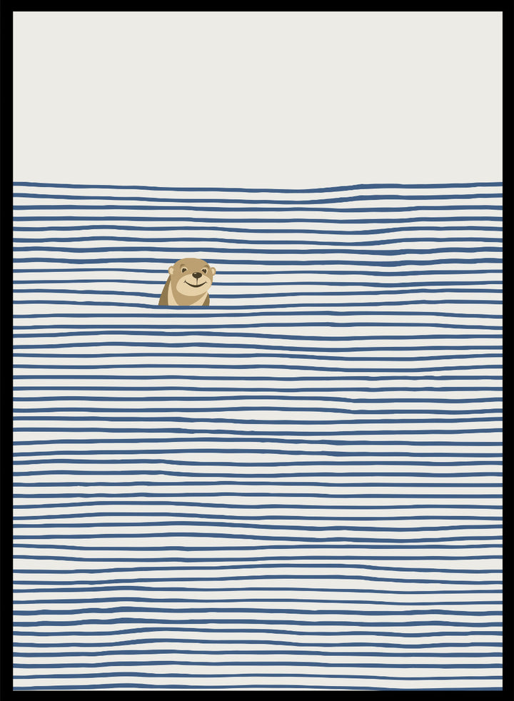 Otter in the Waves art print by Little Dean. Playful contemporary wall art featuring a smiling otter, blue wave pattern, minimalist illustration, and modern poster design.