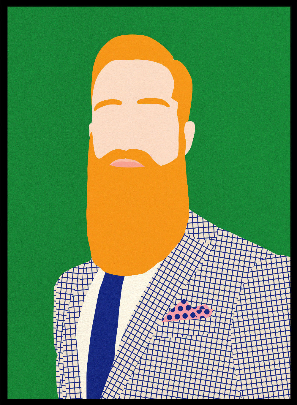 Illustration of a man with a beard wearing a checkered jacket and blue tie on a green background. Men From Barber Shop by Rosi Feist is a bold minimalist portrait art print with modern pop color, Bauhaus design, officially licensed fine art poster.
