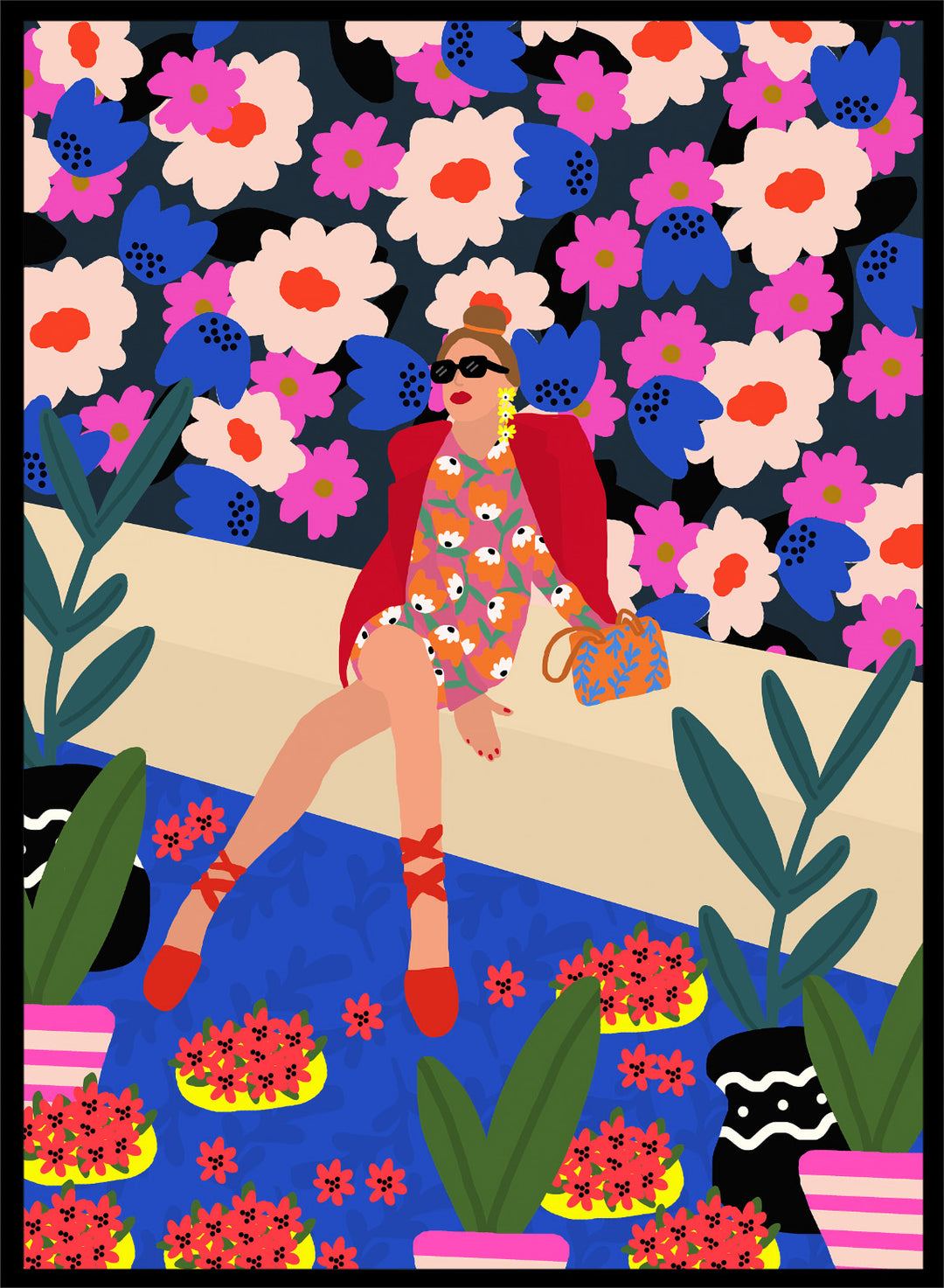 Colorful illustration of a woman sitting on a bench with floral and plant patterns. Bold and Blooming by Rafaela Mascaro fine art print poster featuring woman in vibrant floral garden by water, modern contemporary botanical wall art.
