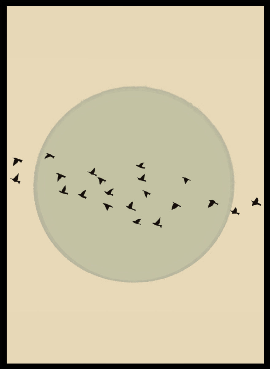 Minimalist art print featuring a large muted sage green circle centered on a warm beige background, with small black bird silhouettes flying around it. Flock Against The Moon by The Art Concept is a minimalist bird art print featuring black birds in flight across a pale green moon and warm cream background.