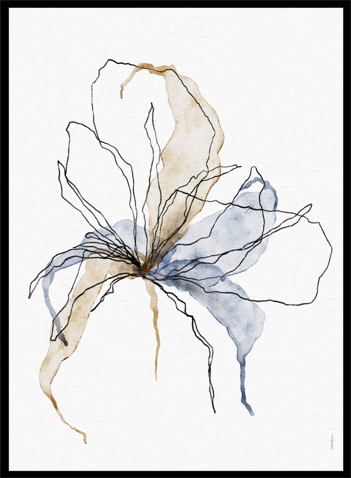 Shop Delicate Blush Botanicals by Ankie Kooi, an abstract floral wall art print poster with watercolor flower art, botanical linework, blue, brown, and cream.