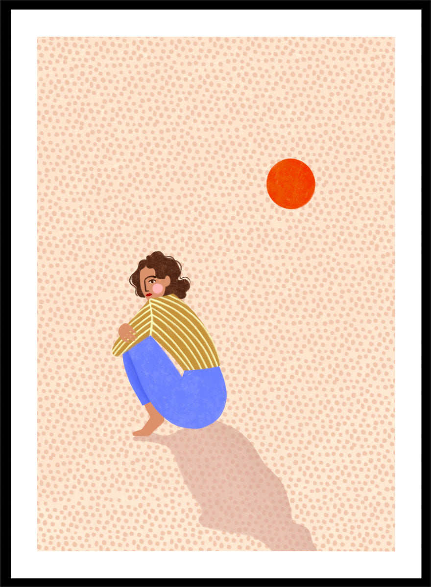 A minimalist art print featuring a stylized illustration of a person crouching in blue pants and a yellow striped top, looking up at a small orange sun against a light beige dotted background, framed with a white mat and black border. Pensive Woman Under Sun by Bea Müller art print featuring a seated woman beneath an orange sun in bold blue, mustard, and soft neutral tones.