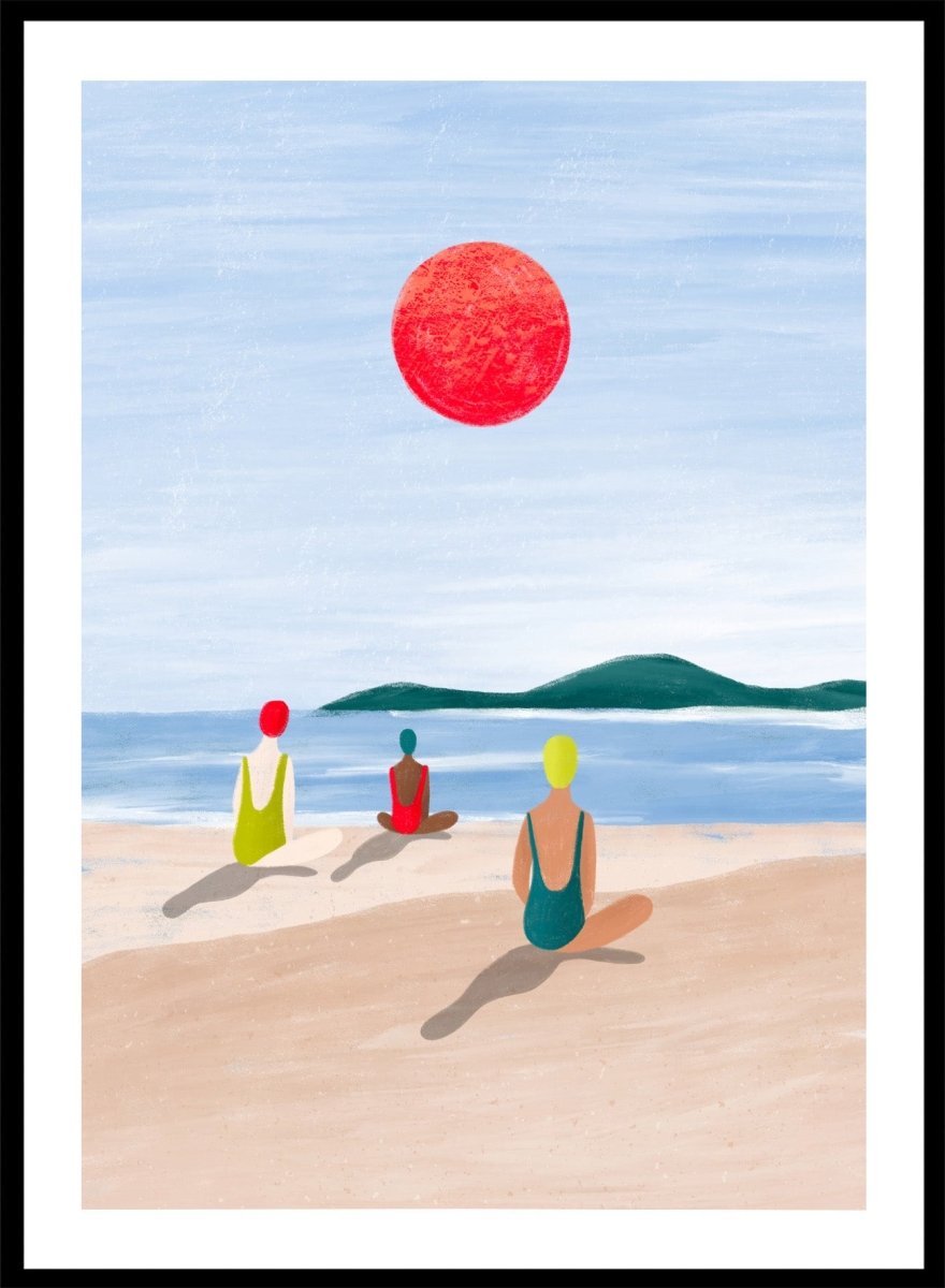 A minimalist art print depicting three figures meditating on a sandy beach under a large red sun. Red Sun Beach Serenity by Bea Müller premium fine art print featuring three figures on a beach beneath a bold red sun in a calm coastal setting.