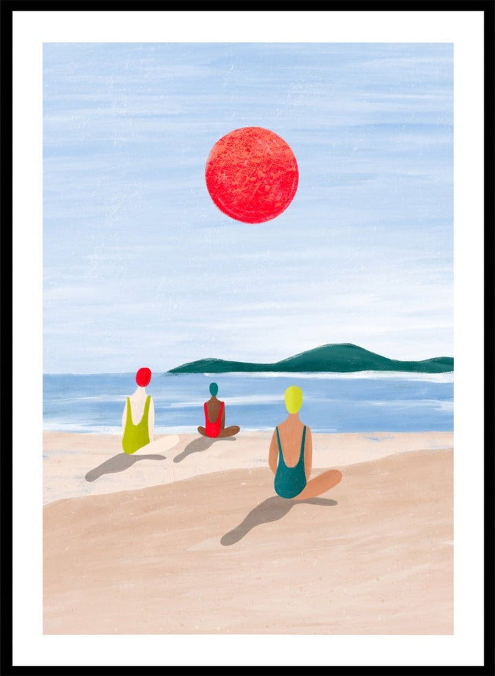 A minimalist art print depicting three figures meditating on a sandy beach under a large red sun. Red Sun Beach Serenity by Bea Müller premium fine art print featuring three figures on a beach beneath a bold red sun in a calm coastal setting.