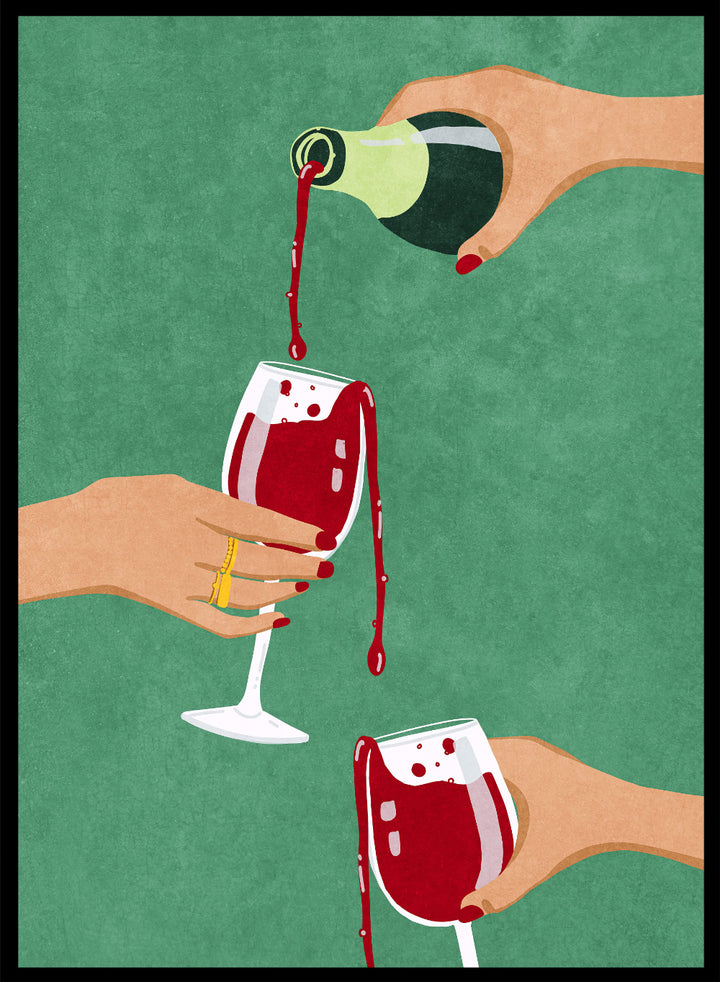 Illustration of hands pouring red wine into glasses on a green background. Cheers Girls by Raissa Oltmanns is a modern wine art print featuring bold red glasses and contemporary girl dinner party wall poster style.