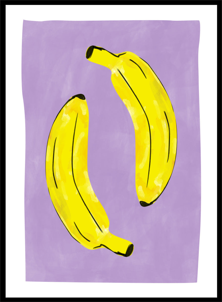 Shop Playful Purple Bananas by Elena Ristova, a colorful banana wall art print poster featuring two bright yellow bananas on a soft purple background with bold black details.
