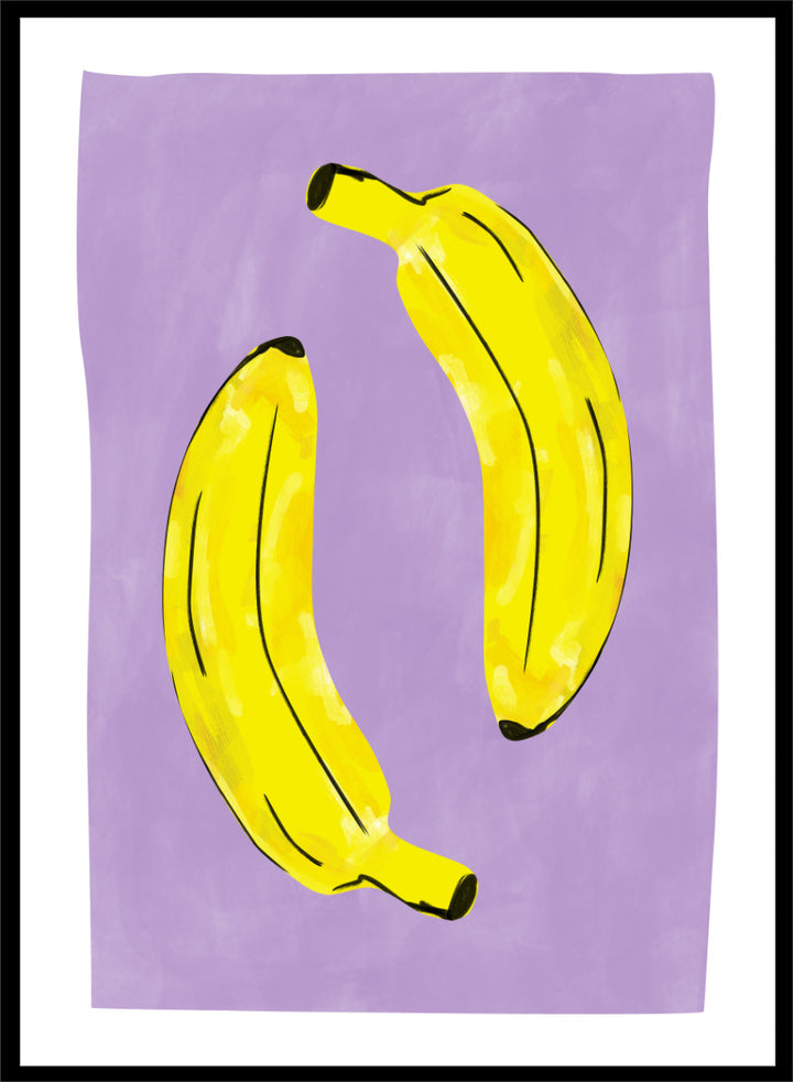 Shop Playful Purple Bananas by Elena Ristova, a colorful banana wall art print poster featuring two bright yellow bananas on a soft purple background with bold black details.