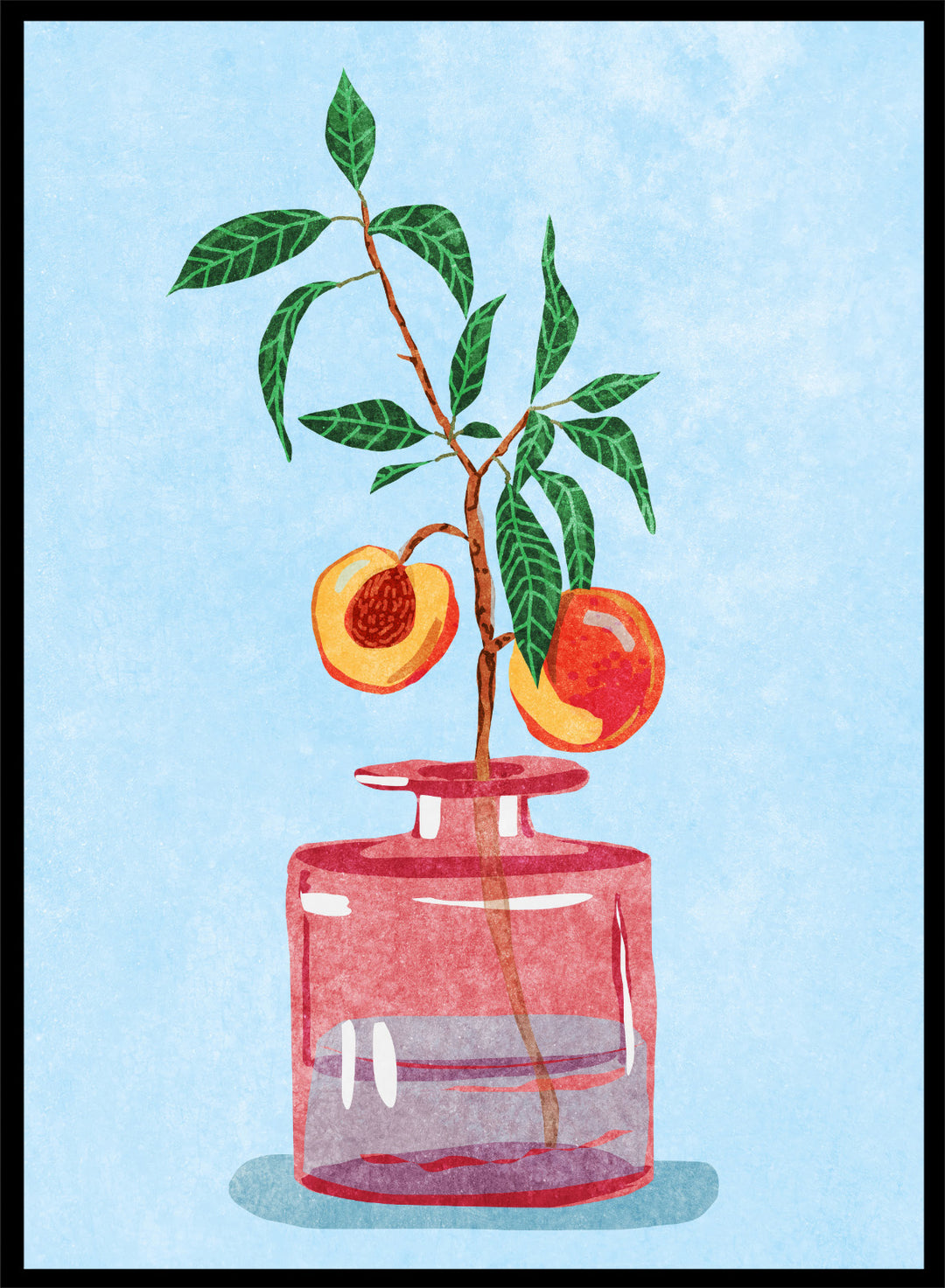 Illustration of a peach tree in a glass vase against a light blue background. Peach Tree in Vase by Raissa Oltmanns is a modern peach still life art print with fruit branch and kitchen wall poster design.