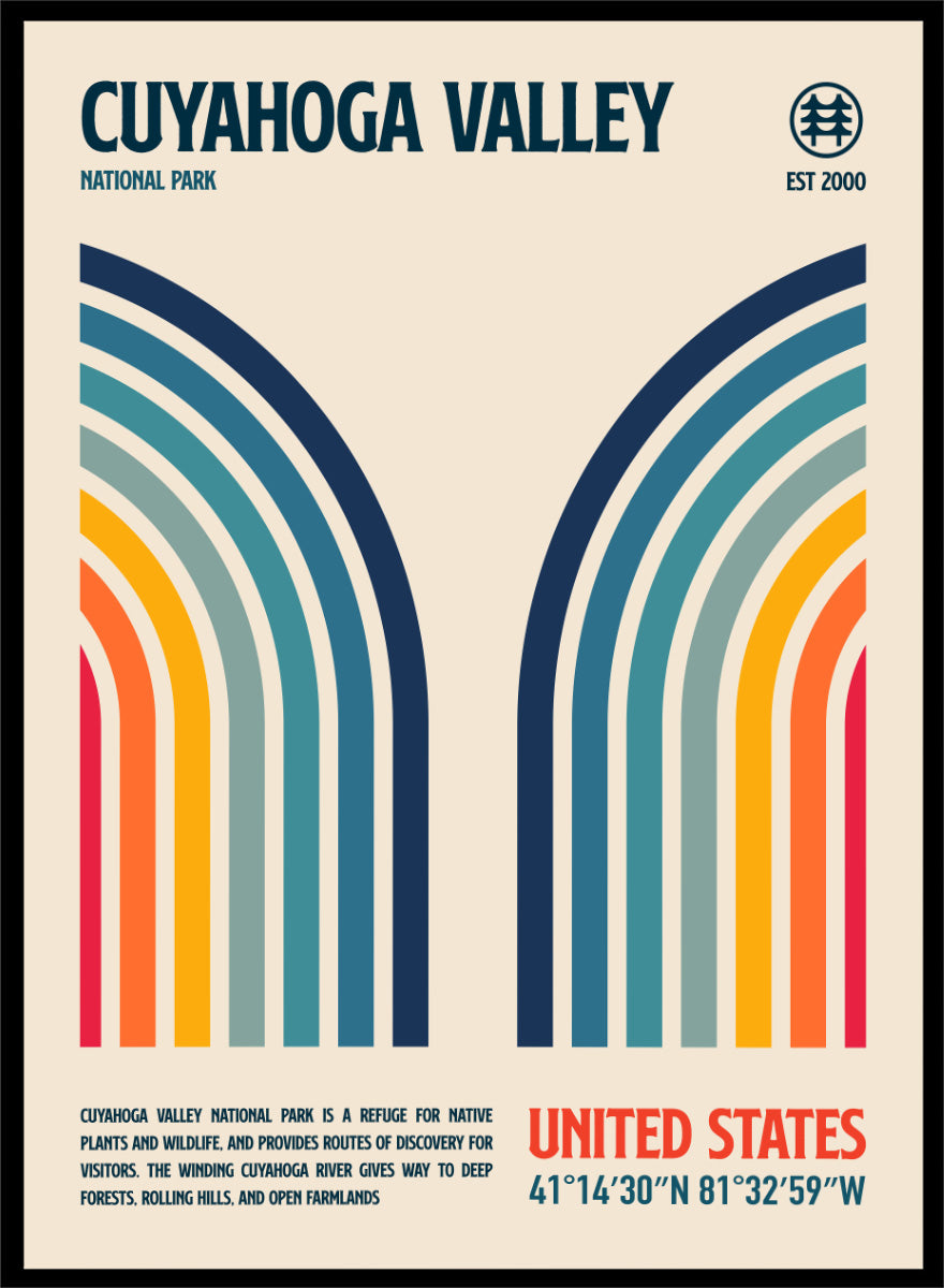 A retro-style poster for Cuyahoga Valley National Park featuring symmetrical rainbow arches in blue, teal, green, yellow, orange, and red on a cream background, with text reading 'Cuyahoga Valley National Park' and 'United States'. Cuyahoga Valley Retro Stripes by Retrodrome travel art print inspired by Cuyahoga Valley National Park, with curved stripes and bold retro color.