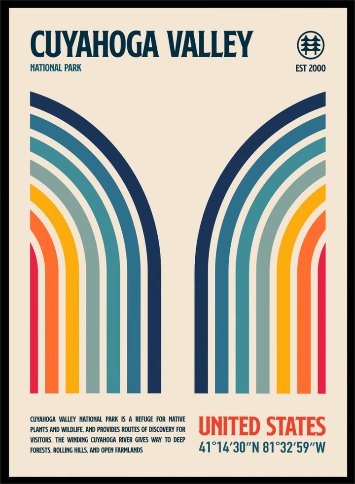 A retro-style poster for Cuyahoga Valley National Park featuring symmetrical rainbow arches in blue, teal, green, yellow, orange, and red on a cream background, with text reading &