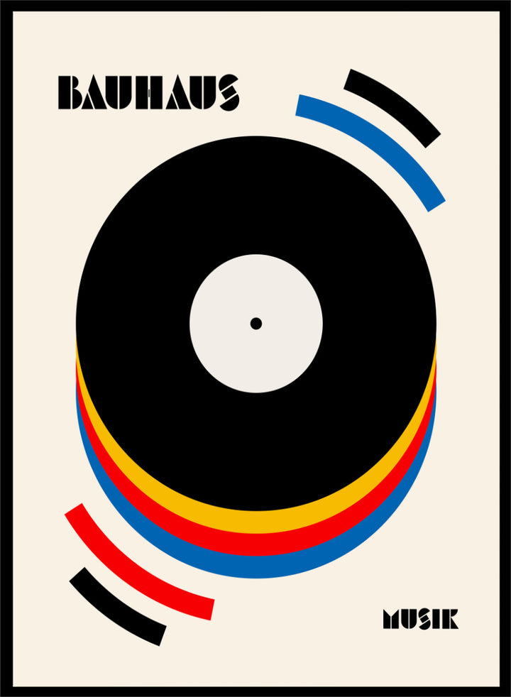 A Bauhaus-style poster featuring a large black vinyl record graphic with concentric red, yellow, and blue rings on a warm cream background, with the words &