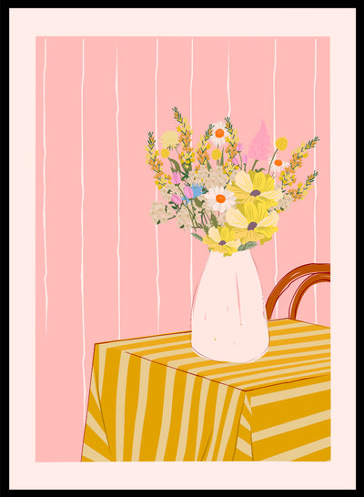 Flower Vase Striped Table Wall Art Print | Hand Drawn Contemporary Still Life Illustration, Modern Aesthetic Floral Botanical Poster