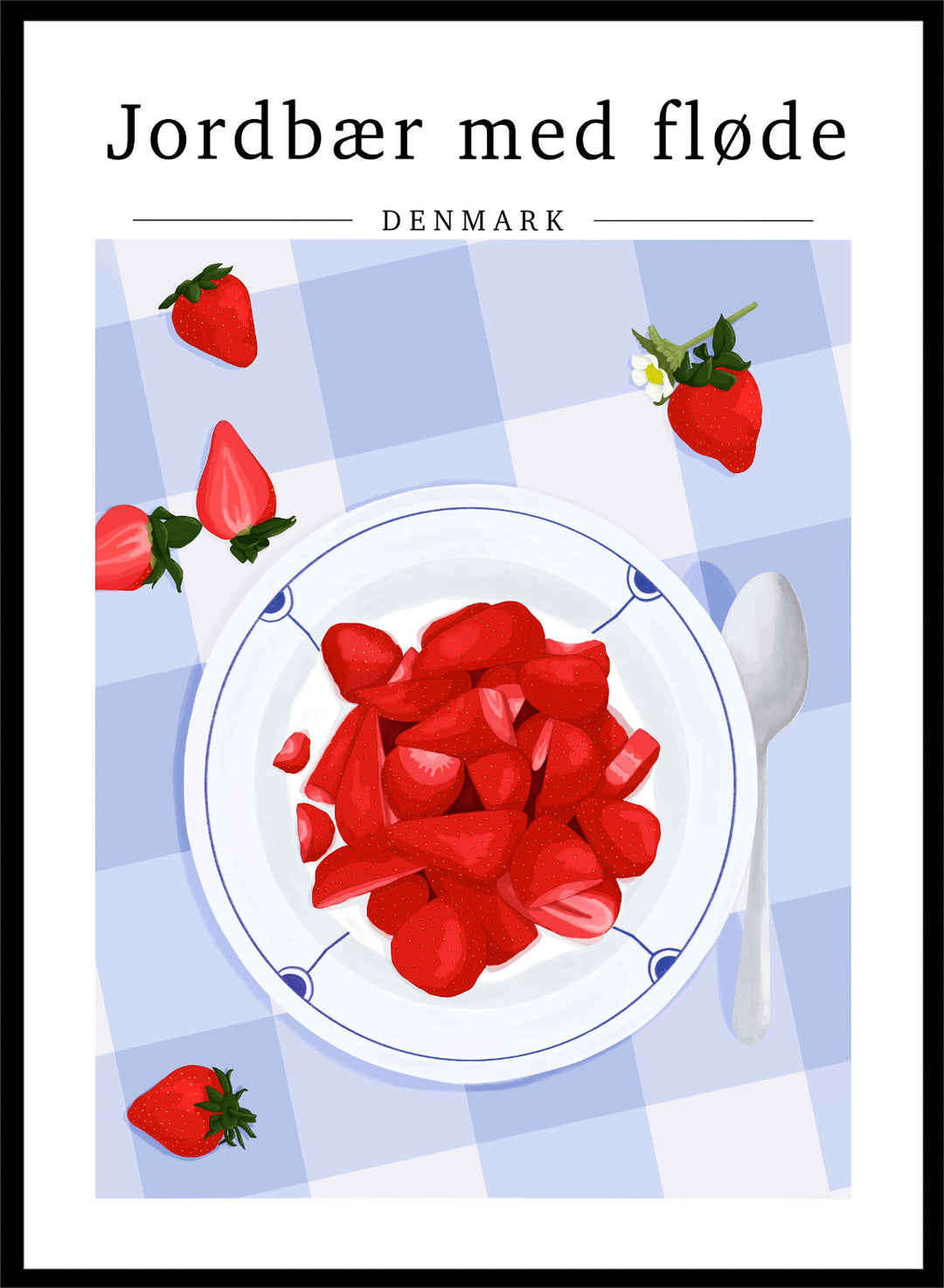 Illustration of strawberries with cream on a plate with a checkered tablecloth, featuring Danish text. Strawberries with Cream by ByKammille is a modern food art print featuring red strawberries in a bowl, clean graphic style with a fresh aesthetic poster design.
