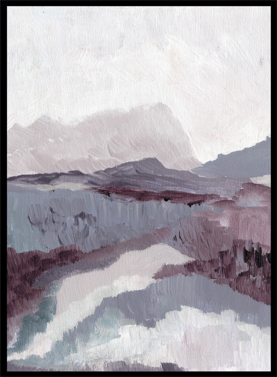 Shop Muted Mountain Landscape by Nikita Jariwala, an abstract mountain wall art print poster featuring misty peaks, layered scenery, and soft purple tones.