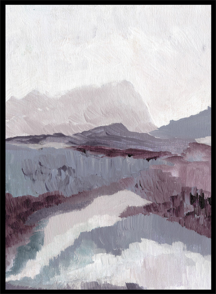 Shop Muted Mountain Landscape by Nikita Jariwala, an abstract mountain wall art print poster featuring misty peaks, layered scenery, and soft purple tones.