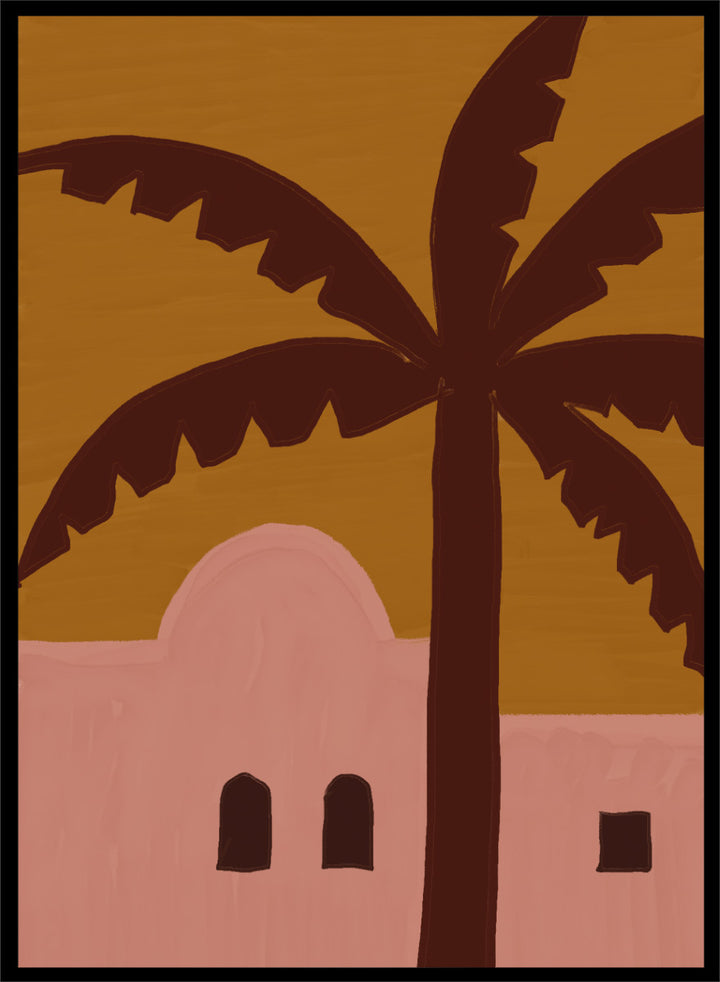 A stylized painting of a palm tree in front of a pink building under a mustard yellow sky. Desert Palm Abode by The Art Concept art print featuring a pink desert home, oversized palm tree, ochre sky, and warm retro color palette.