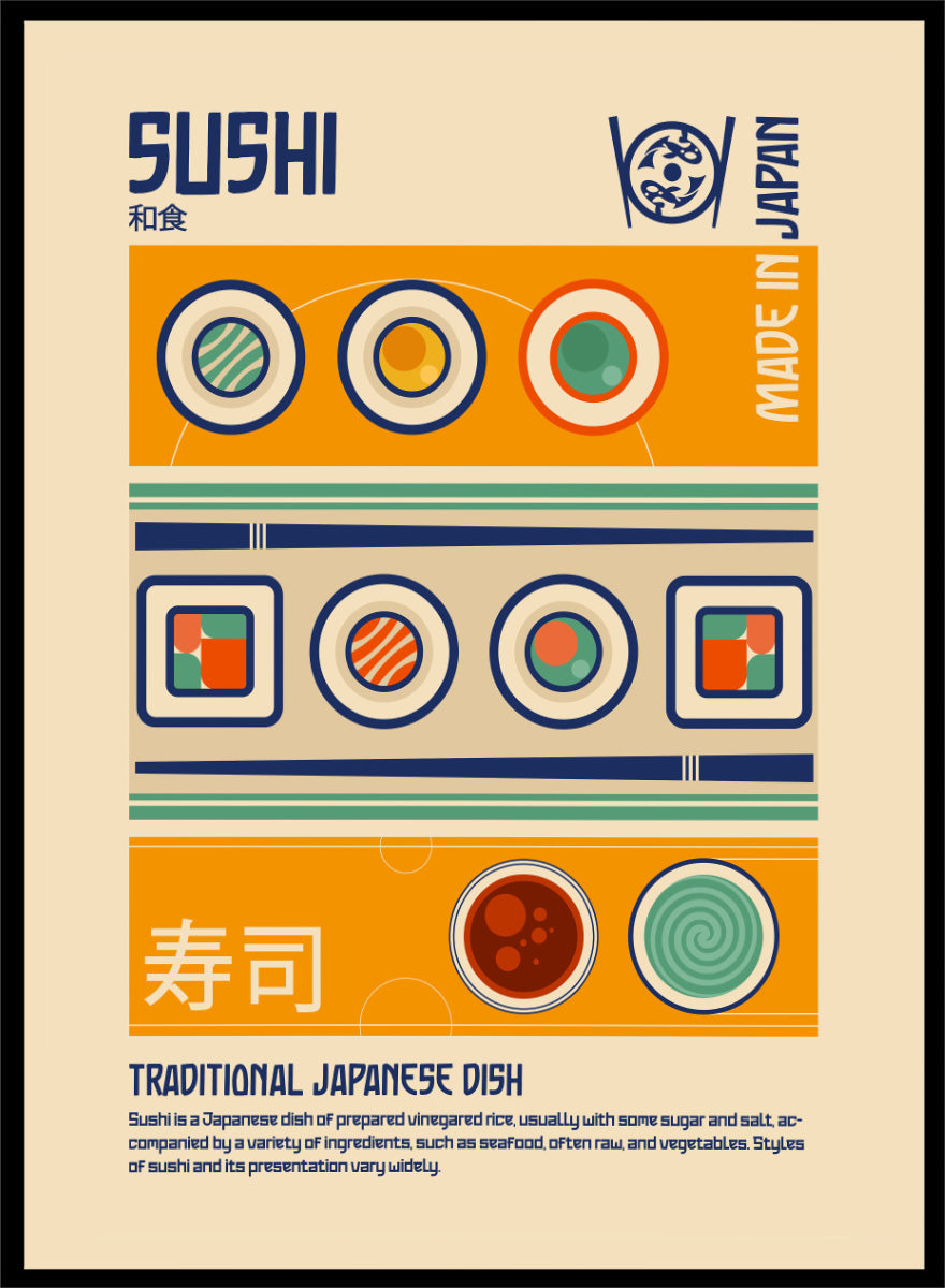 A retro-style graphic poster of Sushi, featuring Japanese-inspired geometric patterns, sushi illustrations, and descriptive text on a beige background. Sushi Japanese Food Print by Retrodrome retro kitchen art featuring sushi rolls, soy sauce, geometric shapes, and bold Japanese-inspired graphic design.