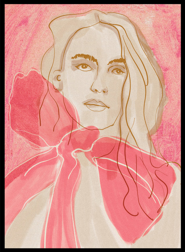 Artistic illustration of a woman with a pink bow tie on a pink background. Ethereal Red by Beate Tubach is a modern portrait art print featuring expressive linework and flowing red tones. A contemporary figurative wall poster.