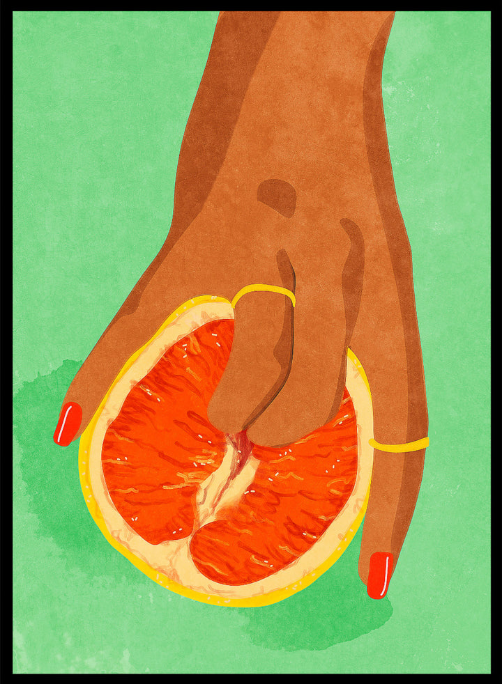 Illustration of a hand holding a sliced orange against a green background. Fruit Lover wall art print by Raissa Oltmanns blends playful citrus and intimate symbolism in a contemporary modern aesthetic poster.